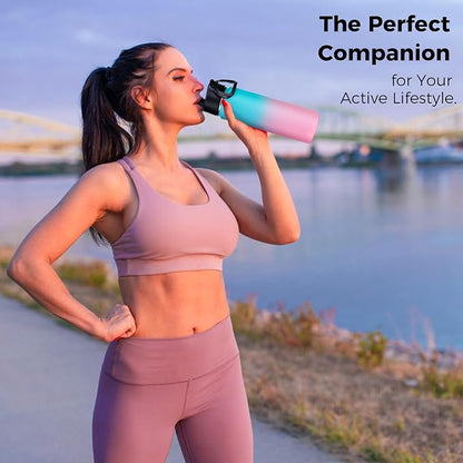 Neihepal 22 oz Insulated Water Bottles Bulk, Double Walled Vacuum Stainless Steel Water Bottle Multipack with Leak Proof Straw Lid for Men, Adults, Kids, Gym, Sports (Green Pink,4 Pack)