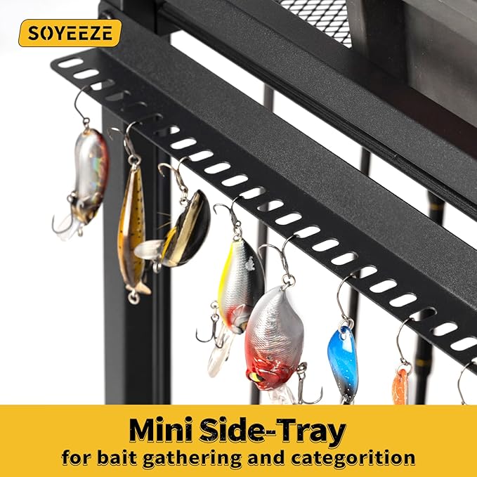 SOYEEZE Large Size Fishing Rod Holders for Garage, Heavy Duty 3-Tier Fishing Pole Rack Holds Up to 12 Rods, Fishing Gear Organizer with 2 Metal Baskets, Fishing Storage Cart with Lockable Wheels