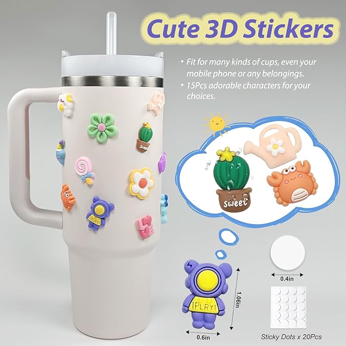 Stanley Cup Accessories Set Including 2 Pcs Straw Cover Cap for 9-10 mm Straws, 15 Pcs 3D Stickers, 2 Pcs Handle Charms, 1 Pcs Bling Silicone Boot Sleeve for Stanley Cup 40oz & 30oz Tumbler