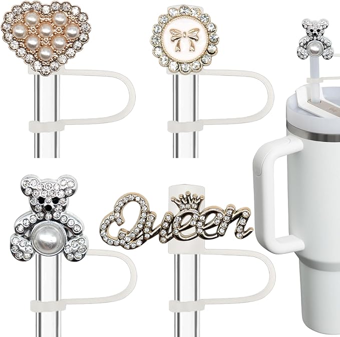 Bling Diamond Straw Cover for Stanley Cup Accessories - Silicone Straw Toppers with Silver Rhinestone fit 9-12mm Straws