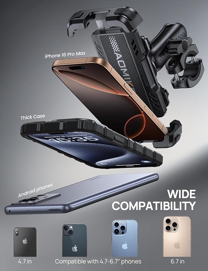 Aomiker Motorcycle Phone Mount Holder - [Metal Extension Arm] [Dual Vibration Dampener] Motorcycle Cell Phone Mount, Bike Phone Handlebar Clamp for iPhone 16 15 14 13 Pro Max Plus, 4.7-6.7" Smartphone