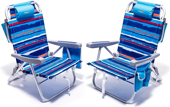 SUNNYFEEL Beach Chairs for Adults 2 Pack 5 Position Lay Flat, Portable Folding Backpack Beach Chair Heavy Duty with Cooler Bag, Cup Holder for Outdoor/Lawn/Picnic, Foldable Camping Chair