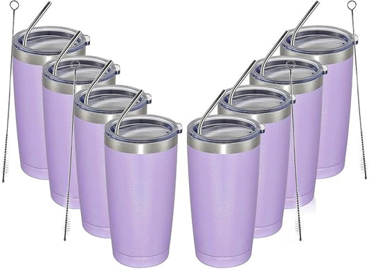 MEWAY 20oz Tumbler 8 Pack Double Wall Vacuum Insulated Travel Glitter Mug Bulk, Stainless Steel Tumblers with Lid and Straw, Powder Coated Coffee Cups for Woman(Rainbow Purple,Set of 8)
