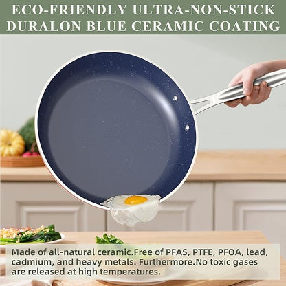 Nuwave Healthy Duralon Blue Ceramic Nonstick Cookware Set, Diamond Infused Scratch-Resistant, PFAS Free, Dishwasher & Oven Safe, Induction Ready & Evenly Heats,Tempered Glass Lids & Stay-Cool Handles