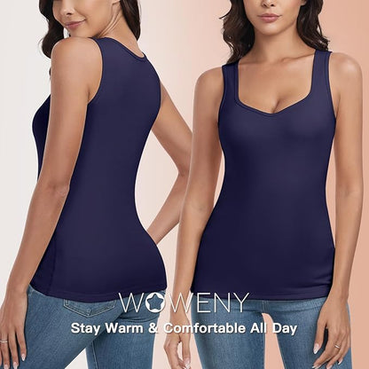 WOWENY Sleeveless Thermal Fleece Tank Top for Women Sweetheart Neck Camisole Warm Base Layer Cami Vest Underwear Tops