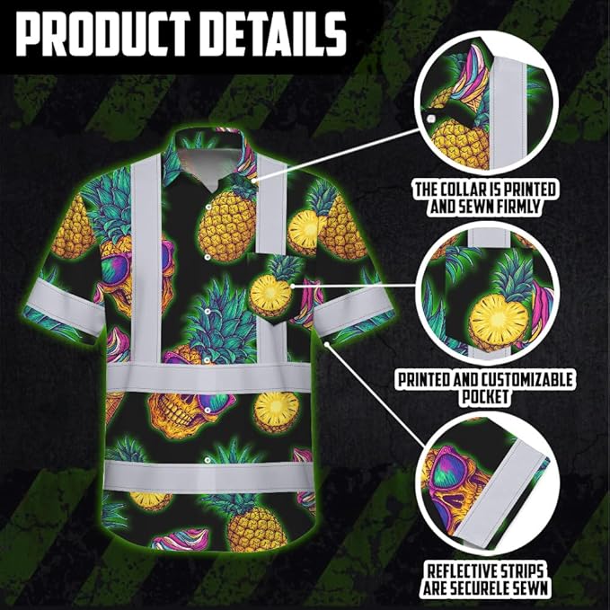 High Visibility Hawaiian Shirt for Men Tropical Shirts Custom Name Floral Outfit Reflective Safety Workwear