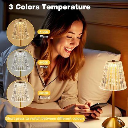 Cordless Table Lamp with Touch Control - 3000mAh Rechargeable, Small Crystal 3-Color Dimmable Ambient Light for Dining Table, Bedside, Kitchen, Entryway, Bathroom, Restaurant, Gifts
