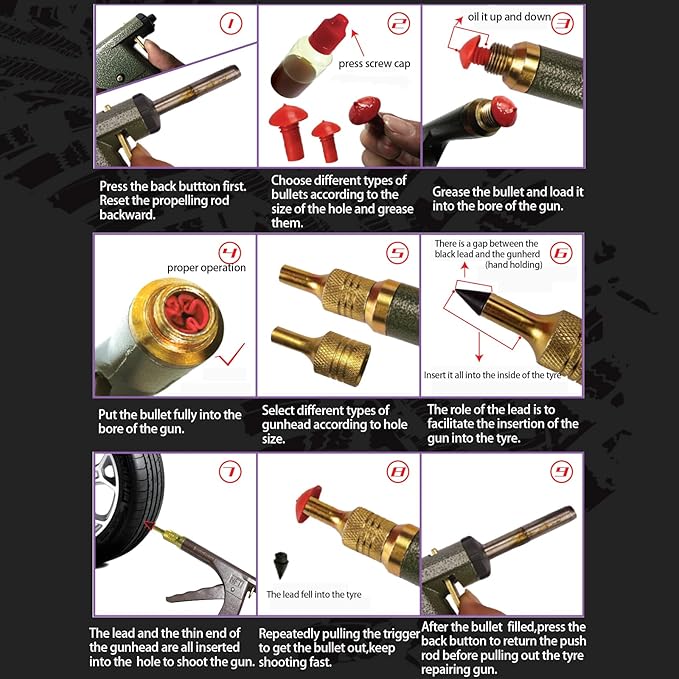 Tire Repair Kit With Plugs Mushroom Tire Plug Kit Tire Patch Kit Heavy Duty Professional Tubeless Tire Gun Puncture Kit for Tyre Punctures and Flats on Cars Motorcycles Trucks and Tractors (Brown)