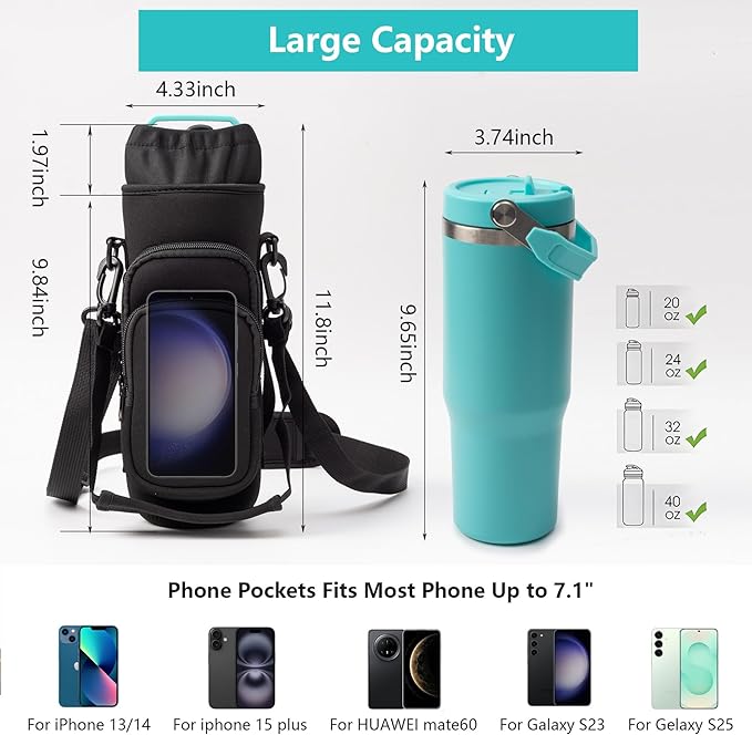 linmaya Water Bottle Carrier Bag, Insulated Water Bottle Bag Fits Stanley IceFlow Owala 16/24/32/40oz Tumbler, Water Bottle Holder with Shoulder Hand Straps, 2 Pockets for Travel, Hiking, Camping