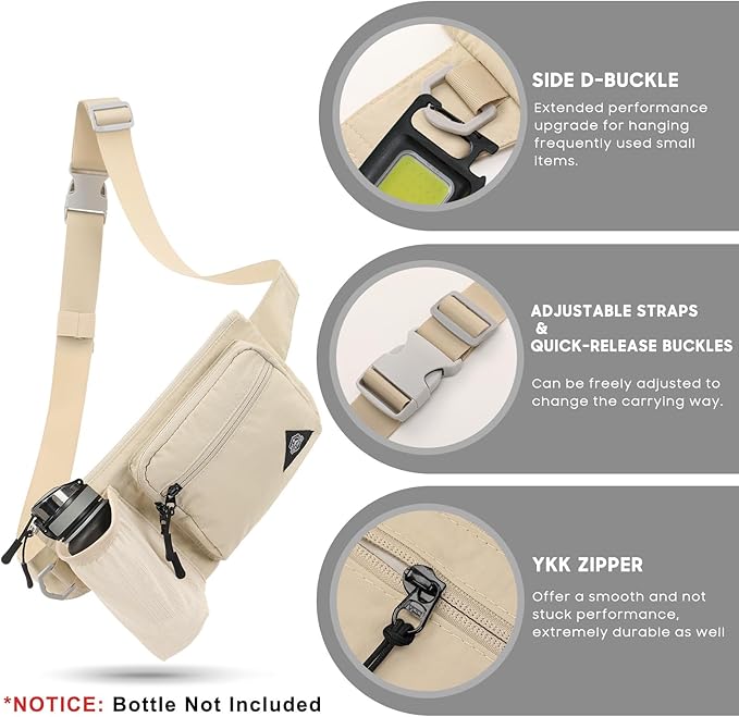 Waist Pack with Water Bottle Holder for Men Women Waist Bag Running Waist Pack Waterproof for Outdoor Travel Cycling Climbing Walking Fit All Phones (Bottle Not Included) (Beige)