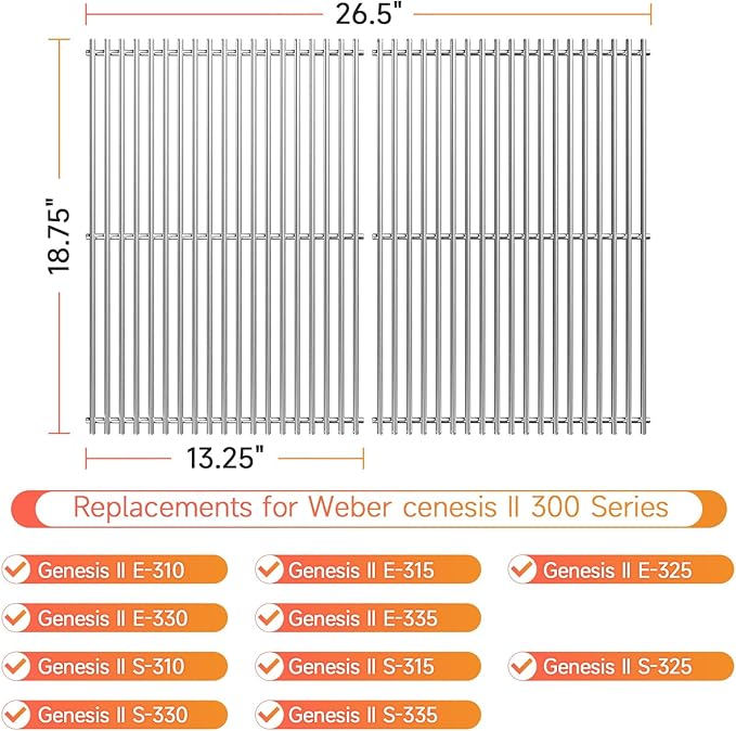18.75" 2Pack Stainless Steel Cooking Grill Grates for Weber Genesis II 300 and Genesis II LX 300 Series Gas Grills, Genesis II E&S 310 315 320 325 340, Replacement Parts for Weber 66095