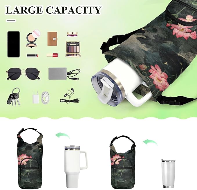 Chinese Style Lotus Flower Water Bottle Holder with Strap Insulated Water Bottle Carrier Crossbody Bags Pouch with Phone Pocket for Travel Gym Hiking Walking Running