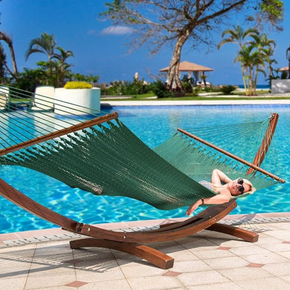 Lazy Daze Hammocks 10.5 FT Double 2 Person Caribbean Rope Hammock, Hand Woven Polyester Hammock with Spreader Bars, for Outside Outdoor Backyard Patio Poolside, 450 LBS Capacity, Green