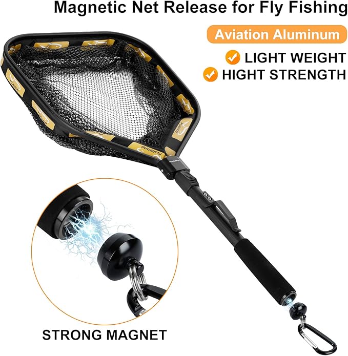 PLUSINNO Floating Fishing Net for Steelhead, Salmon, Fly, Kayak, Catfish, Bass, Trout Fishing, Rubber Coated Landing Net for Easy Catch & Release, Compact & Foldable for Easy Transportation & Storage