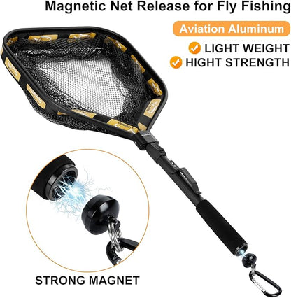 PLUSINNO Floating Fishing Net for Steelhead, Salmon, Fly, Kayak, Catfish, Bass, Trout Fishing, Rubber Coated Landing Net for Easy Catch & Release, Compact & Foldable for Easy Transportation & Storage