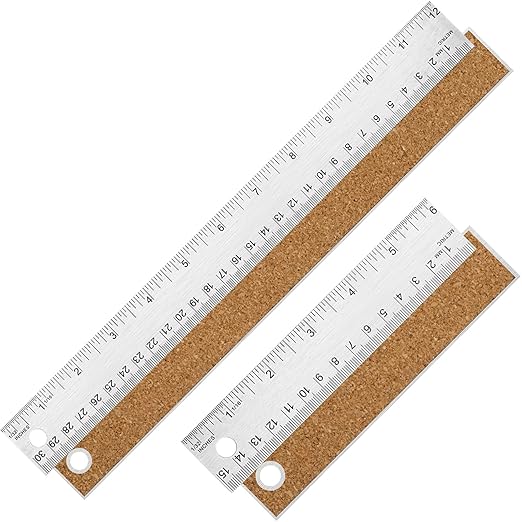 Metal Ruler with Cork Backing, Stainless Steel Rulers 6 Inch 12 Inch Metal Ruler Imperial and Metric Ruler Non-Slip Prevent Ink Leakage for School Office Engineering Tools (6+12 Inch)