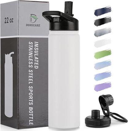 DOMICARE Insulated Water Bottle, 22 oz Vacuum Insulated Stainless Steel Reusable Sports Bottle with Straw Lid & Spout Lid for Travel, Camping, Bike, Leakproof, White, 1 Pack