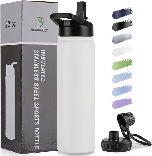 DOMICARE Insulated Water Bottle, 22 oz Vacuum Insulated Stainless Steel Reusable Sports Bottle with Straw Lid & Spout Lid for Travel, Camping, Bike, Leakproof, White, 1 Pack