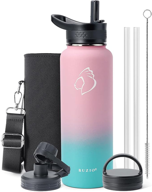 BUZIO 40 oz Water Bottle Insulated with Straw & 3 lid and Carrying Pouch, Leak Proof Anti-Slip Stainless Steel Water Flask Jug, Cold for 48 Hrs Double Vacuum Thermo Canteen, BPA-Free, Bubble Gum