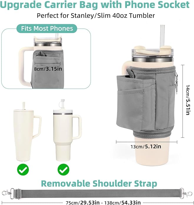 All Day Quencher Carry All for Stanley 40/30 oz Tumbler, Crossbody Bag with Phone Holder & Strap, Water Bottle Carrier Bag