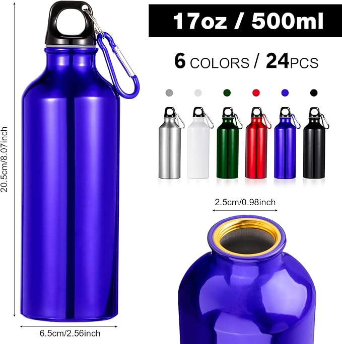24 Pcs Aluminum Water Bottle 17oz Aluminum Reusable Bottles with Clips Sports Lightweight Water Multipack Easy Carry Leakproof Travel for Gym Hiking Cycling Sports Outdoor(Bright Color)