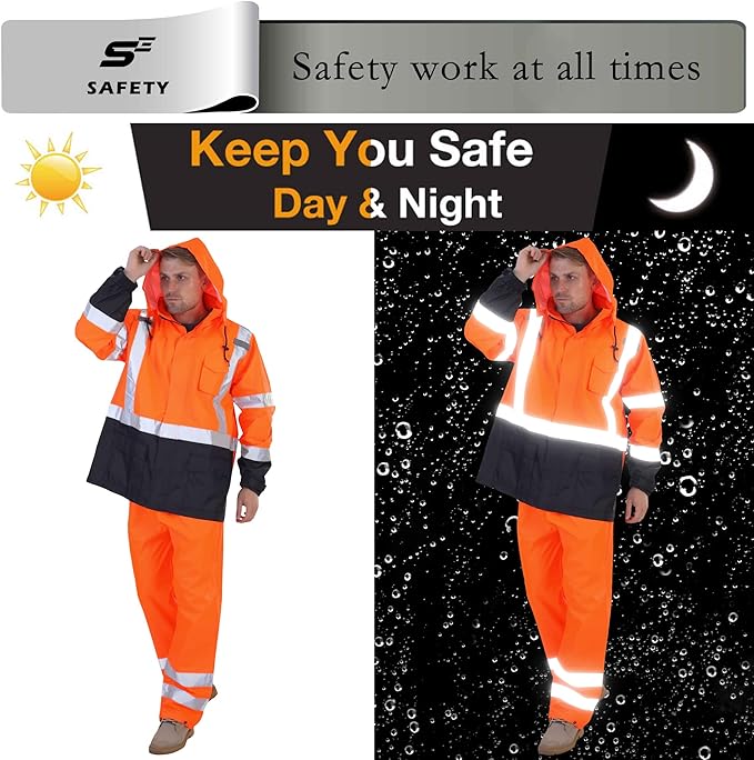 sesafety Hi Vis Rain Jacket, Rain Suits for Men Waterproof withBlack Bottom, Rain Coats for Men Interior Mesh, Class 3 HighVisibility Rain Gear,Removable Hood