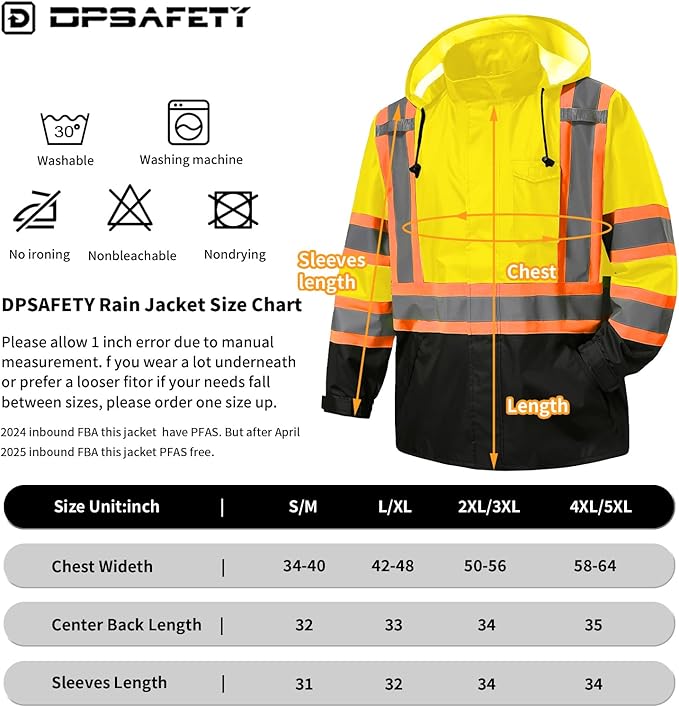 Reflective Rain jackets for men waterproof,Hi Vis Safety Coat With Reflective Strips，High Visibility Class 3 Rain jackets With 2 large pockets,Zipper,Lime,LG/XL