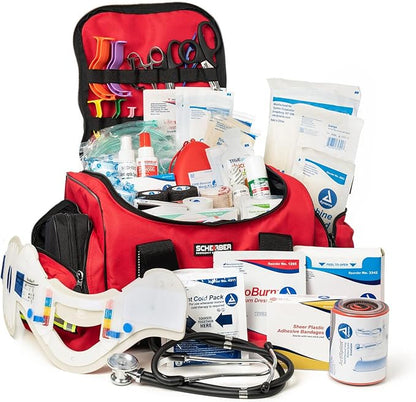 Scherber First Responder Fully-Stocked Large Professional Essentials EMT/EMS Trauma Kit | HSA/FSA Approved | Reflective Bag w/8 Zippered Pockets & Compartments & 250+ First Aid Supplies (Red)