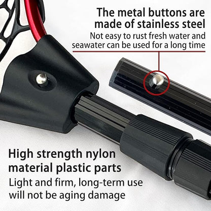 Telescoping Metal Lock Fishing Net with Handle Red Green 64" 52" 3-Section Rubber Fish Net - Adjustable Length Lightweight Foldable Large Big Collapsible Extendable Fishing Net