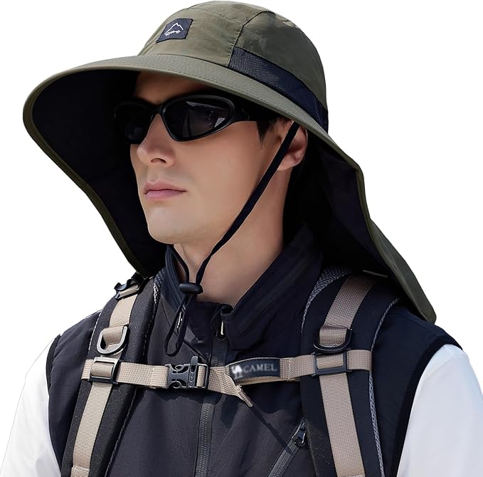 Rosoz Outdoor Sun Hat for Men Women, UPF50+ Protection Safari Cap Wide Brim Mesh Fishing Hat with Neck Flap Beach Garden