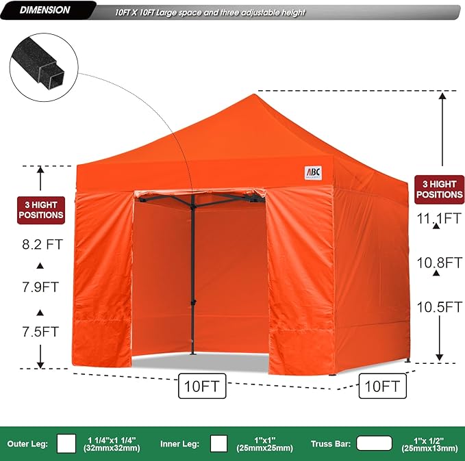 ABCCANOPY Heavy Duty Easy Pop up Canopy Tent with Sidewalls 10x10, Orange