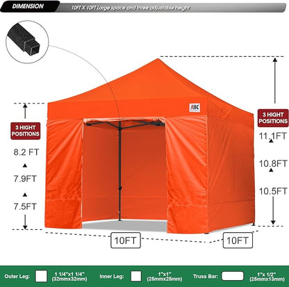 ABCCANOPY Heavy Duty Easy Pop up Canopy Tent with Sidewalls 10x10, Orange