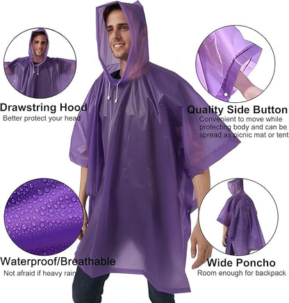 Rain Ponchos for Adults, 2 Pack Raincoats Jacket Reusbale with Drawstring Hood Sleeves for Women Men