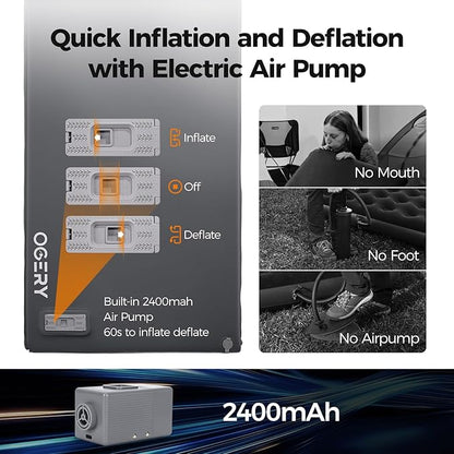 OGERY Self Inflating Sleeping Pad with Electric Pump, 3.15" Ultra-Thick Memory Foam Camping Pad, 4 Season Camping Mattress Pad with Built-in Pillow, Camping Essentials Gear for Tent Travel Car