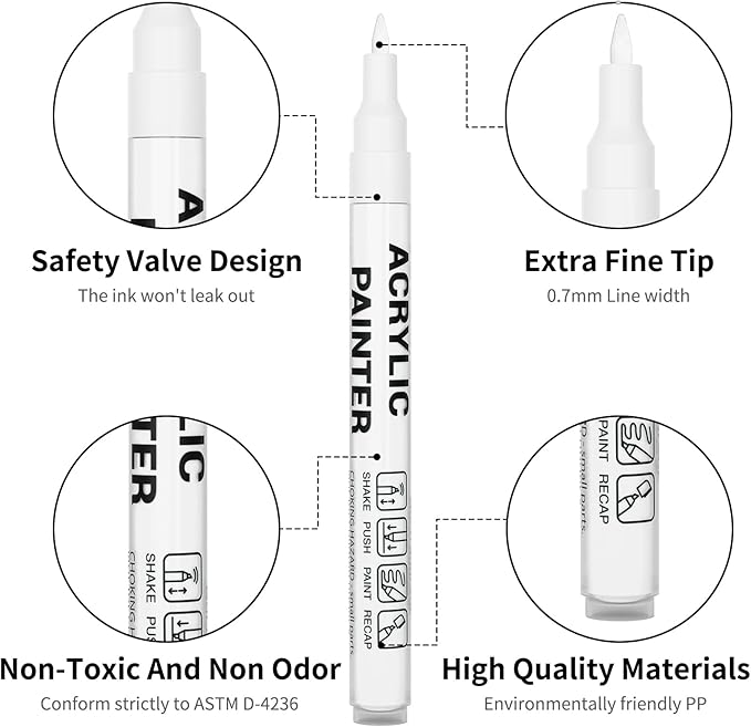 Acrylic Paint Pens Waterproof Markers 6 White Permanent Marker Pens Acrylic Pens for Rock Painting Glass Stone Ceramic Metal Fabric Pebble Painting pens Craft Supplies
