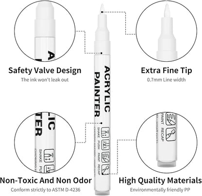 Acrylic Paint Pens Waterproof Markers 6 White Permanent Marker Pens Acrylic Pens for Rock Painting Glass Stone Ceramic Metal Fabric Pebble Painting pens Craft Supplies
