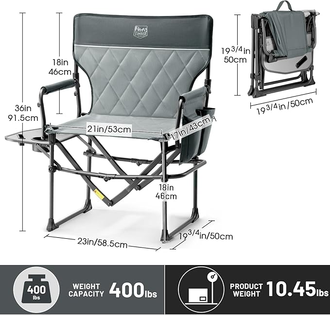 TIMBER RIDGE Aluminum Camping Directors Chair with Side Table Pocket, Portable Folding Chair, Heavy Duty Lawn Chair for Fishing Trip Picnic Concert Outdoor 400lbs, Grey 2 Pack