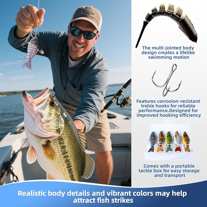 5PCS Lifelike Fishing Lure, Multi Jointed Swimbait Lures, Bionic Swimming Lure for Bass Trout Crappie Walleye Pike Bluegill Salmon, Glide Bait for Beginners, Amateurs and Professionals