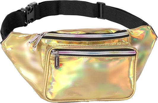 Holographic Fanny Pack Belt bag - Crossbody Waist Bag for Men or Women - Hands-Free, Waterproof Large Bumbag for Hiking, Running, and Travel (Gold)