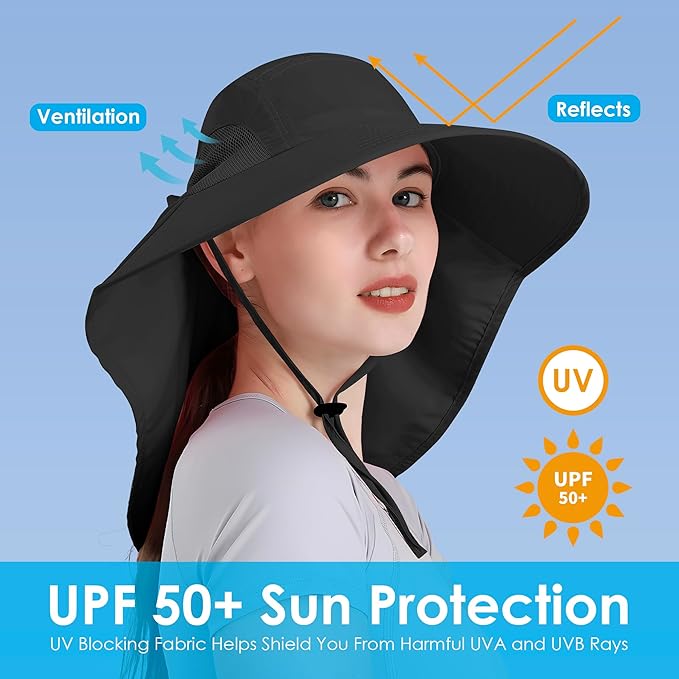 Womens Sun Hat UV Protection, Foldable Waterproof Wide Brim Bucket Hats with Neck Flap for Summer Beach Fishing Hiking
