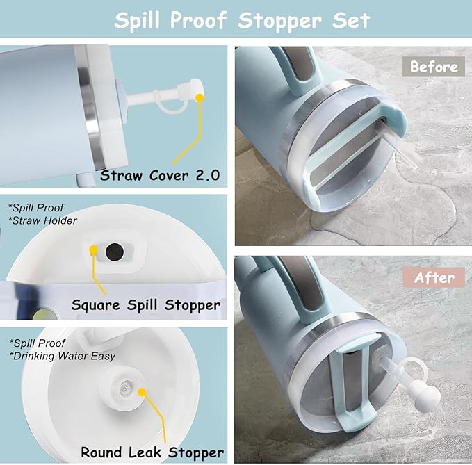 Stanley Cup Accessories Set,Including 2 Pcs 0.4in Straw Cover, 1 Silicone Spill-Proof Stopper Set of 3, 1 Cute Moon Handle Charm, 1 Silicone Boot Fits Stanley 40&30 Oz Tumbler (Blue 2.0)