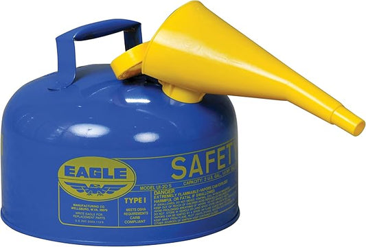Eagle 2 Gallon Type I Blue Safety Gas Can for Kerosene with Flame Arrester, Self-Closing Lid, and F-15 Funnel, Made in the USA, Galvanized Steel Flammable Storage Can, UI20FSB