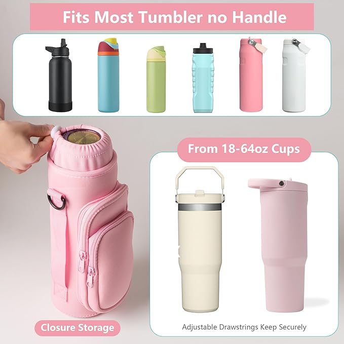 linmaya Water Bottle Carrier Bag, Insulated Water Bottle Bag Fits Stanley IceFlow Owala 16/24/32/40oz Tumbler, Water Bottle Holder with Shoulder Hand Straps, 2 Pockets for Travel, Hiking, Camping