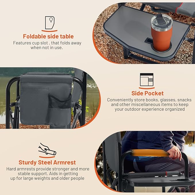 TIMBER RIDGE Heated Aluminum Oversized Camping Chair, Lightweight Portable Directors Chair with Side Table Detachable Side Pocket for Outdoor Camping, Lawn, Picnic, Support 400lbs Gray, 2 Pack