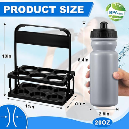 Suclain 14 Pcs Water Bottle Carrier with 20 Oz Bottles and Stickers Plastic Wide Mouth Sports Water Bottle Squeeze Team Bottles with Black Lid for Fitness Bike Gym (Grey)