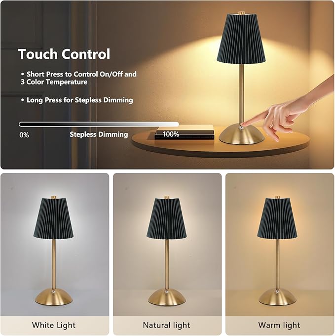 Cordless LED Table Lamp with Dimmer, Built-in Rechargeable Battery, 3-Level Brightness, Patio Table Lamp, Bedside Night Lamp, Ambient Light for Restaurant, Antique Brass (Black)