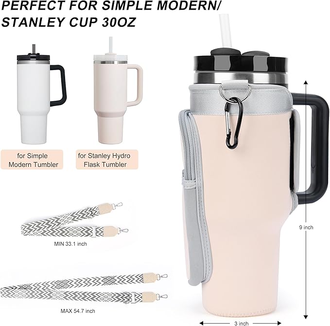 Water Bottle Carrier Bag with Strap for Stanley 40/30 oz Tumbler with Handle, Water Bottle Holder Pouch with Phone Pocket for Stanley Cup Accessories, fit Walking Hiking Travel