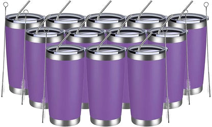 MEWAY 20oz Tumbler 12 Pack Double Wall Vacuum Insulated Travel Mug Bulk, Stainless Steel Tumblers with Lid and Straw, Durable Powder Coated Coffee Cups for Cold & Hot Drinks (Purple, 12)