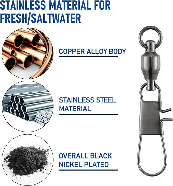 Dr.Fish 30 Pack Ball Bearing Snap Swivels, Swivels Fishing Tackle with Safety Interlock Snap Saltwater Freshwater Stainless Fishing Clips Clasp Leader Line Hook Sinker Connector