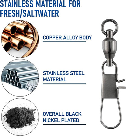 Dr.Fish 30 Pack Ball Bearing Snap Swivels, Swivels Fishing Tackle with Safety Interlock Snap Saltwater Freshwater Stainless Fishing Clips Clasp Leader Line Hook Sinker Connector